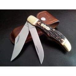 Couteau Schrade Uncle Henry 2 Lames Acier 7Cr17 Manche Delrin Façon Bois De Cerf Etui Cuir SCH227UH - Free Shipping